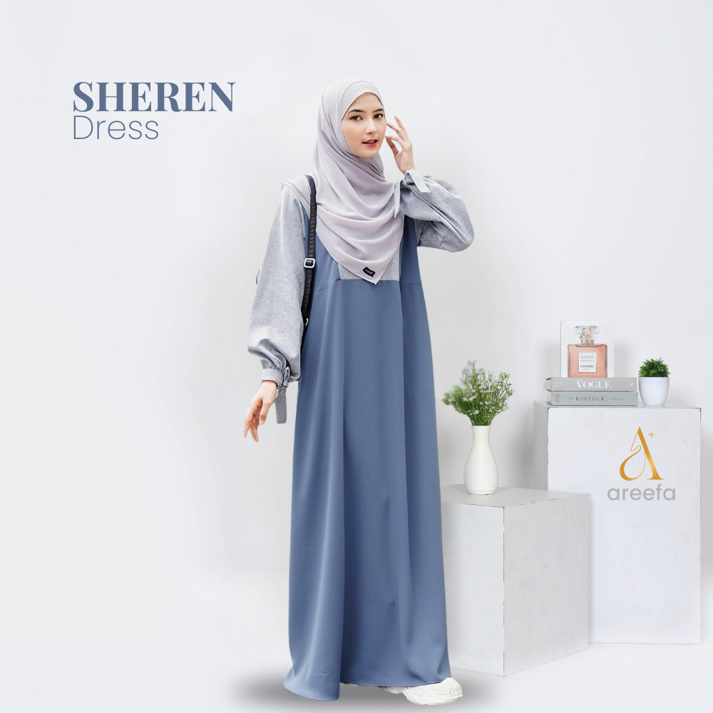 Gamis Wanita Remaja Kekinian Terbaru Dress Gamis Muslim Polos Kombinasi Warna Biru Blue Denim Gamis 