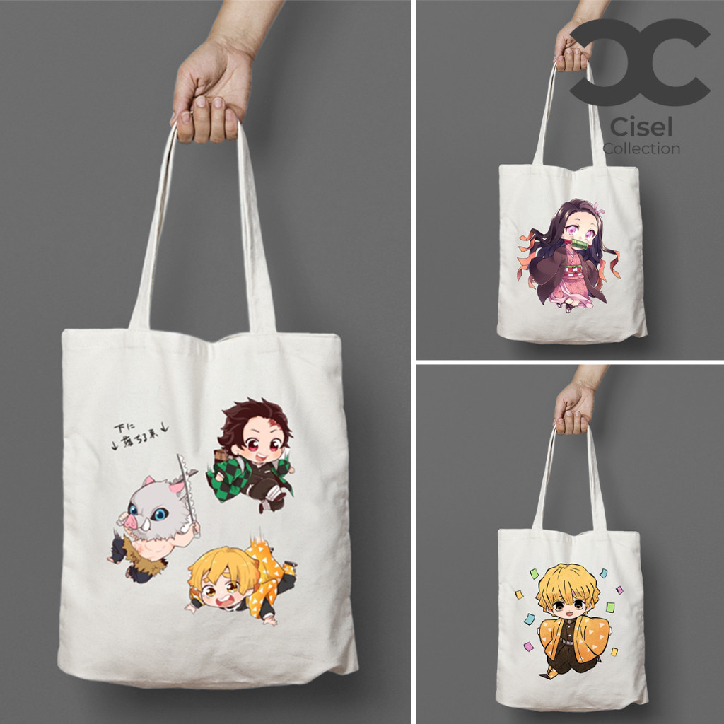 Tote Bag Tas Kanvas Resleting TEBAL Demon Slayer Kimetsu no Yaiba Anime Jepang Lucu Imut Aesthetic U