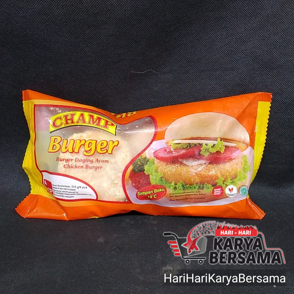 

MAKANAN BEKU FROZEN FOOD CHAMP CHICKEN BURGER DAGING AYAM 6'S 315GR