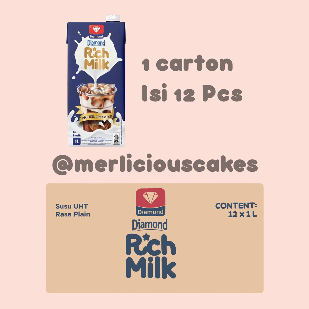 

INSTANT COURIER ONLY 1 Karton Isi 12 Pcs Diamond Rich Milk Richer Creamier Susu UHT Rasa Plain 1 Liter atau 1000 ml