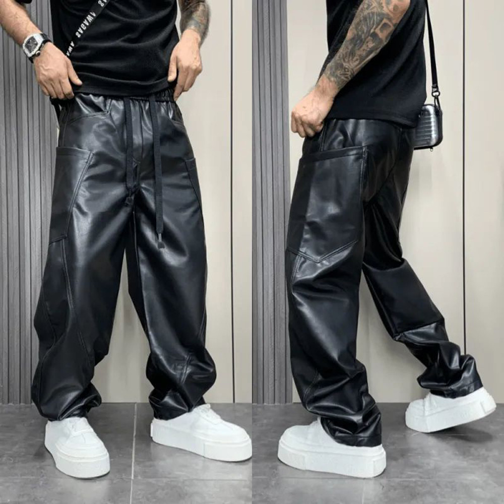 CELANA PRIA SEMI KULIT CELANA Pu Leather Pants Multi-Pocket Pu Pants Streetwear American Hip-Hop All