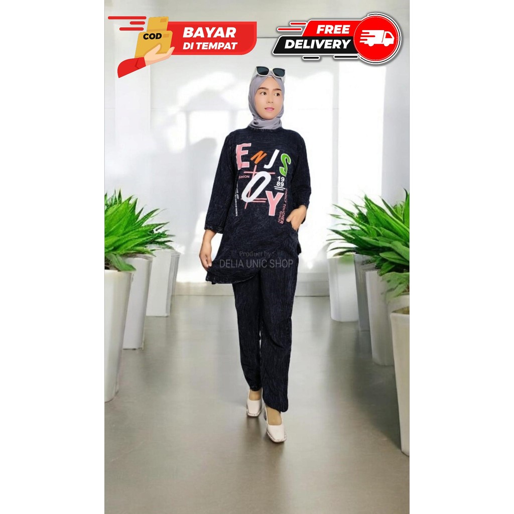 BAJU GAMIS JEANS DENIM WANITA MOTIF TULISAN ENJOYS BLACKSANDWASH DEWASA Harian Santai Setelan Muslim