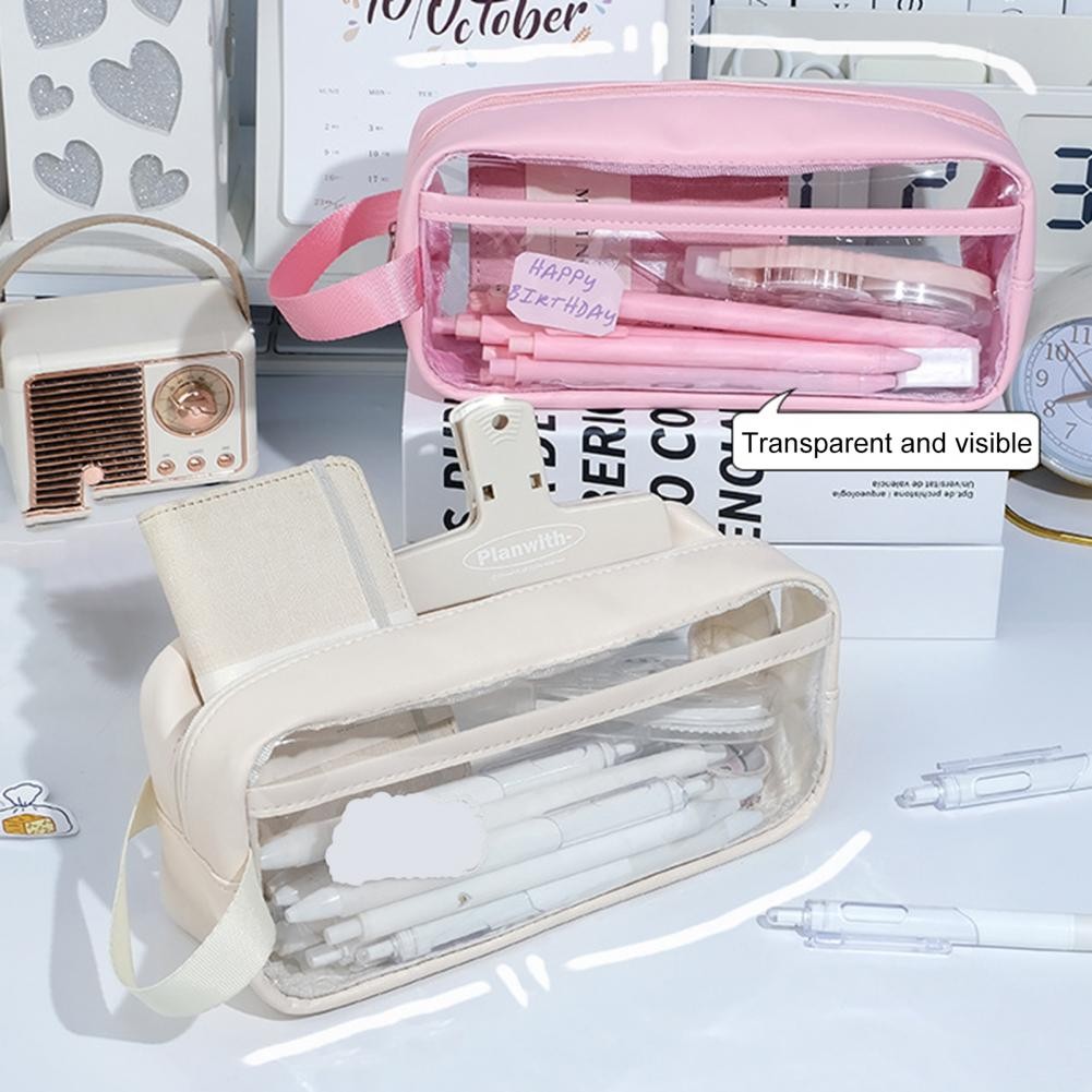 

Pencil Case Large Capacity Double Layer Inner Transparent Zipper PVC Pencil Storage Bag Stationery Container Office Supplies