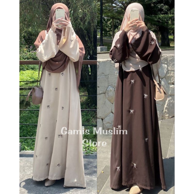 Abaya Premium Wanita Elegan Abaya Bordir Motif Pita Misca Abaya Ceruty Babydoll Ukuran M L XL Abaya 