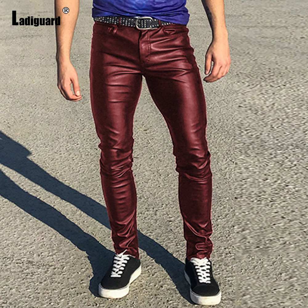 Sexy Pu Leather Pants Men Clubwear 2023 American and European Style Fashion Party Slim Trouser Red B