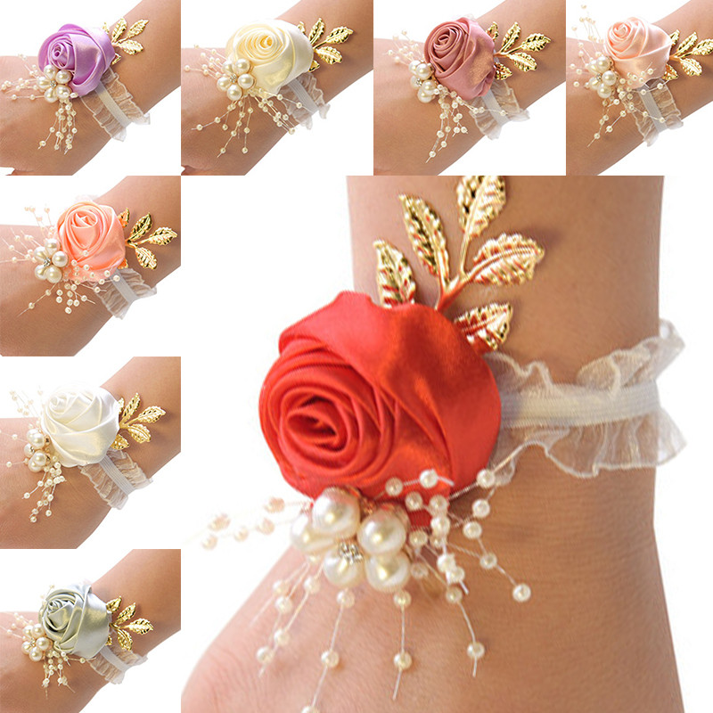 

Girls Bridesmaid Wrist Flowers Wedding Prom Party Boutonniere Satin Rose Bracelet Fabric Hand Flowers Wedding Supply Accessories