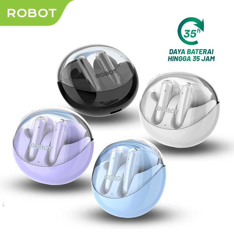 [ tws t30 new ]- ROBOT TWS Wireless Earphone Flybuds T30 TWS Case Transparan Bluetooth 5.3 Original 