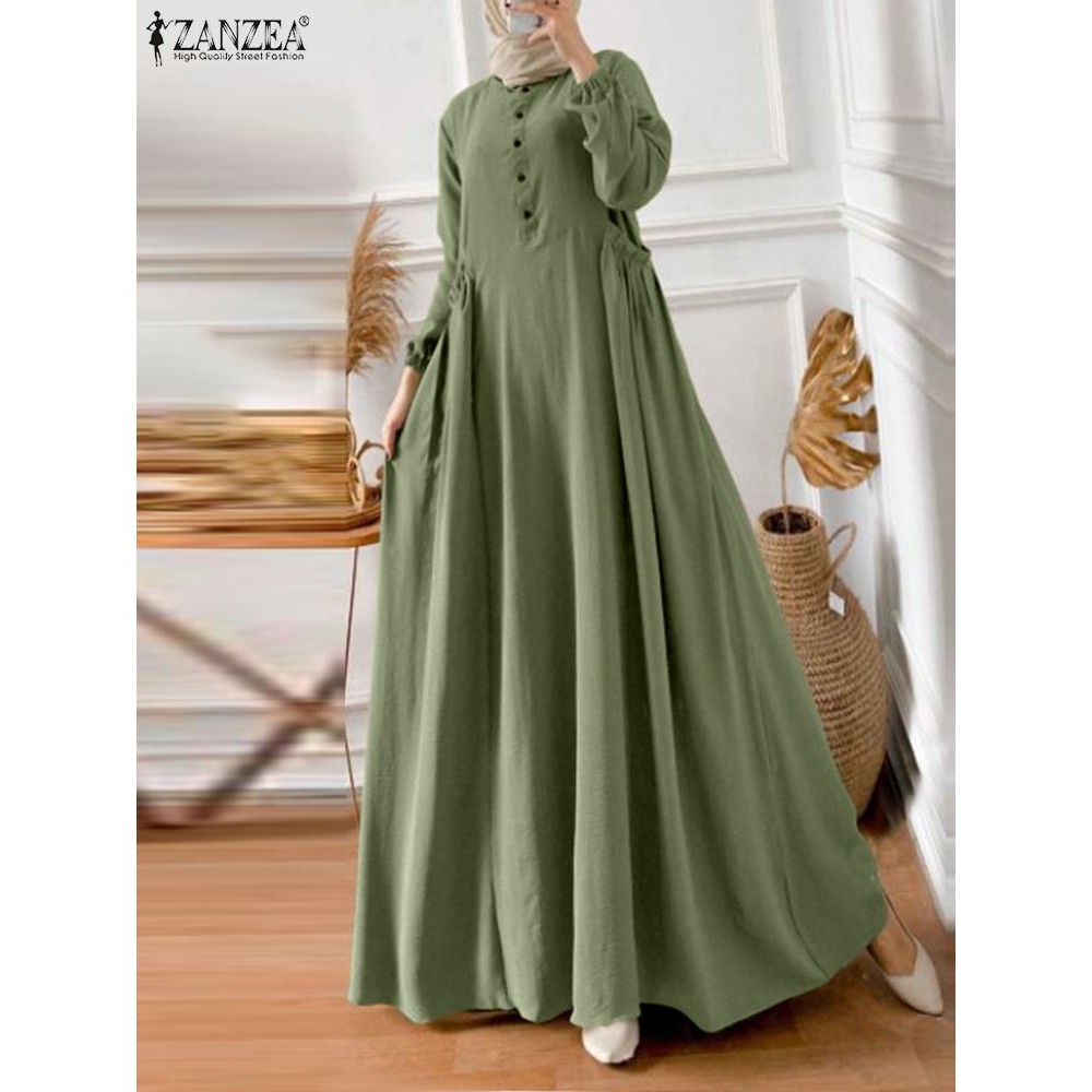 ZANZEA Elegant Long Sleeve Maxi Sundress Kaftan Fashion Muslim Turkey Dress Robe Femme Eid Mubarek A