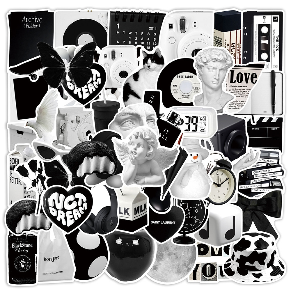 

10/30/50pcs Cute Black White Simple Stickers Graffiti Ins Style Cartoon Decals For Suitcase Phone Fridge Skateboard Sticker Toy