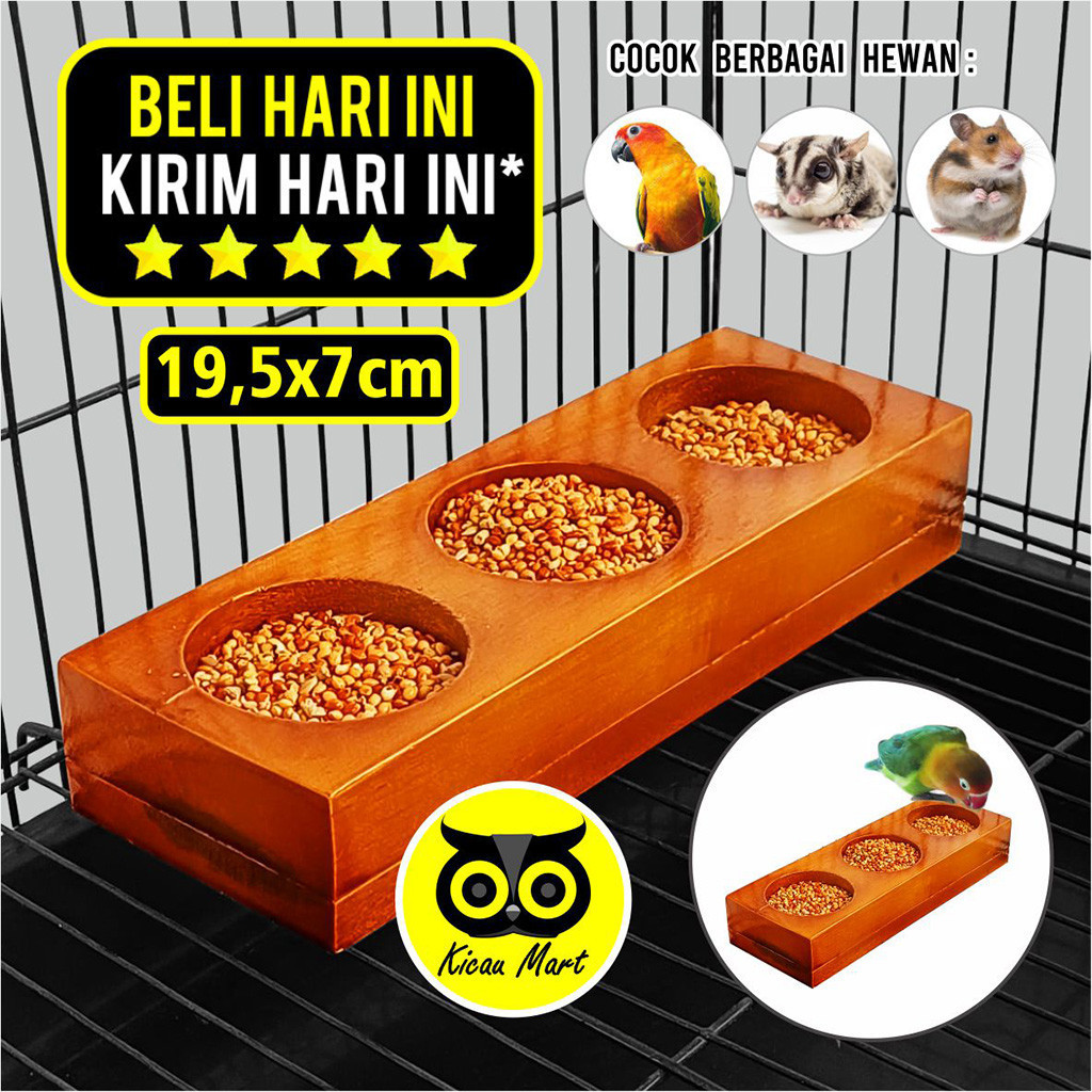 KICAU MART WADAH PAKAN BURUNG HAMSTER KAYU 3 LUBANG CEPUK WADAH TEMPAT MAKAN MINUM BURUNG LOVEBIRD P