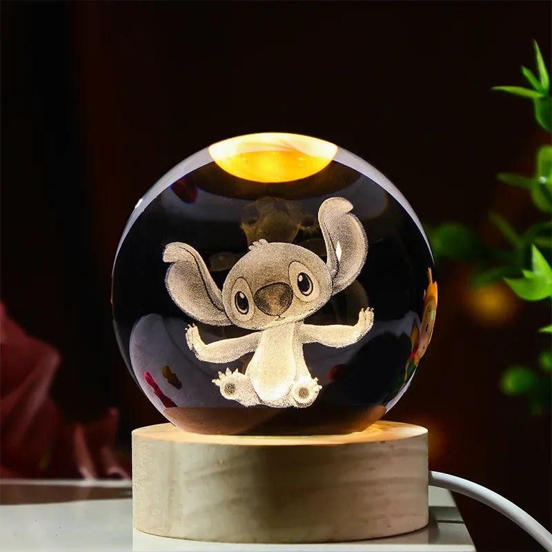 Miniso 6cm Cartoon Lilo & Stit Crystal Ball Luminous 3D Carved Night Light Desktop Ornament Creative