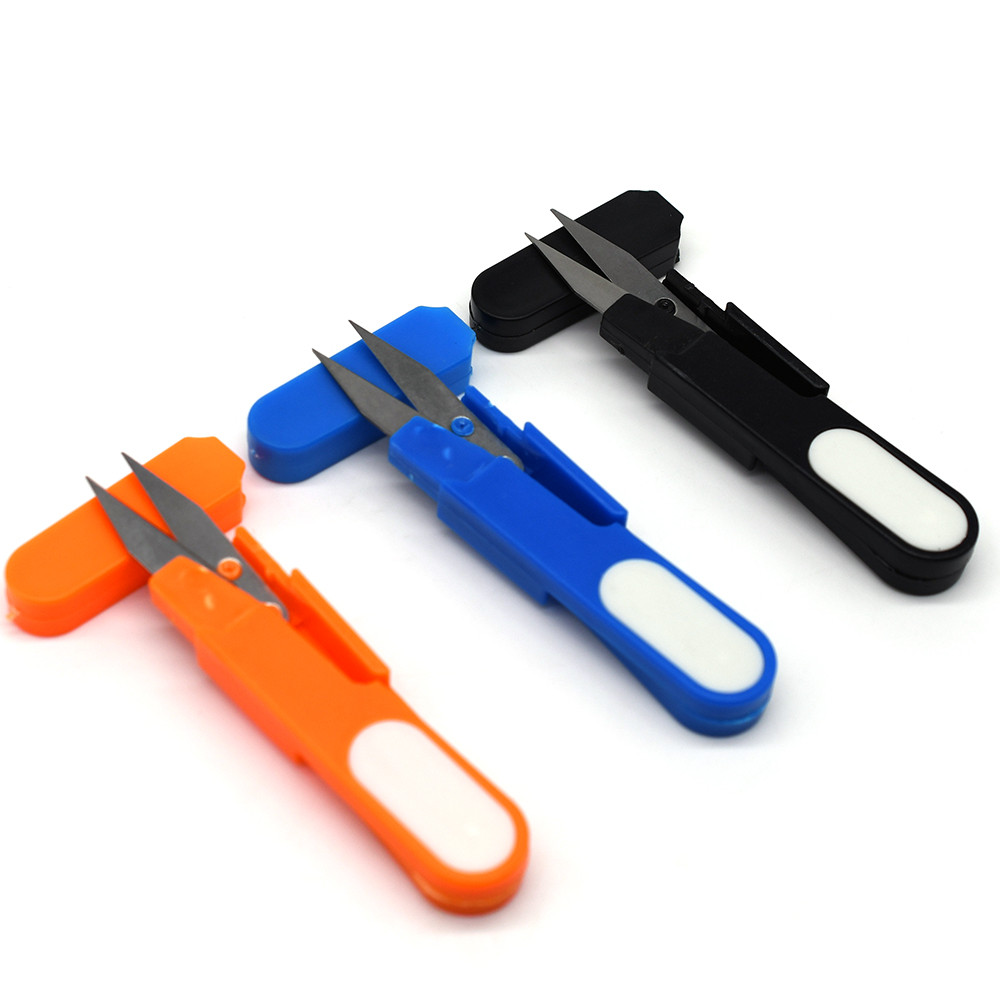 

MNFT 2Pcs Small Scissors with Cap Fishing Line Scissors Multi-color Plastic Handle U-shape Cutter Portable