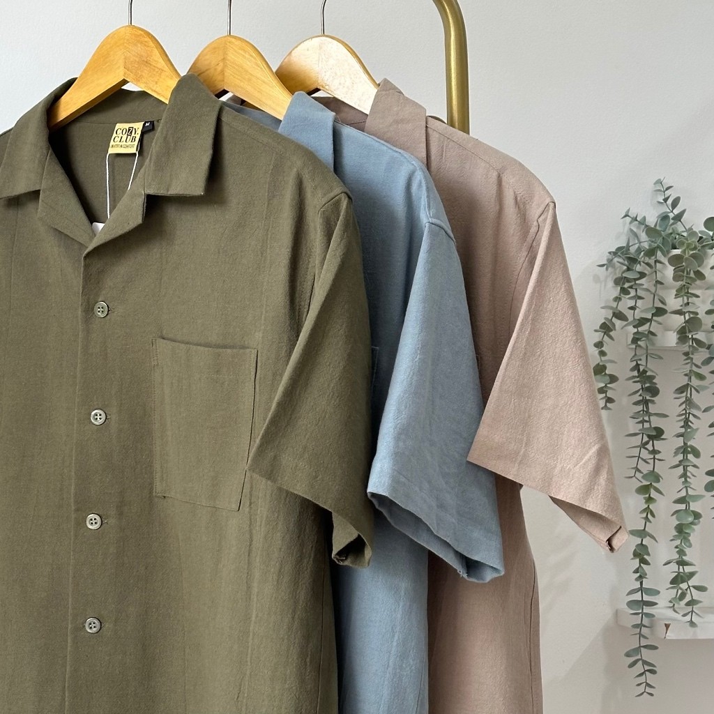 ORIGINAL KEMEJA RAYON KATUN TWIL VINTAGE Polos Pria Kerah Terbuka Lengan Pendek NYAMAN ADEM DI PAKAI