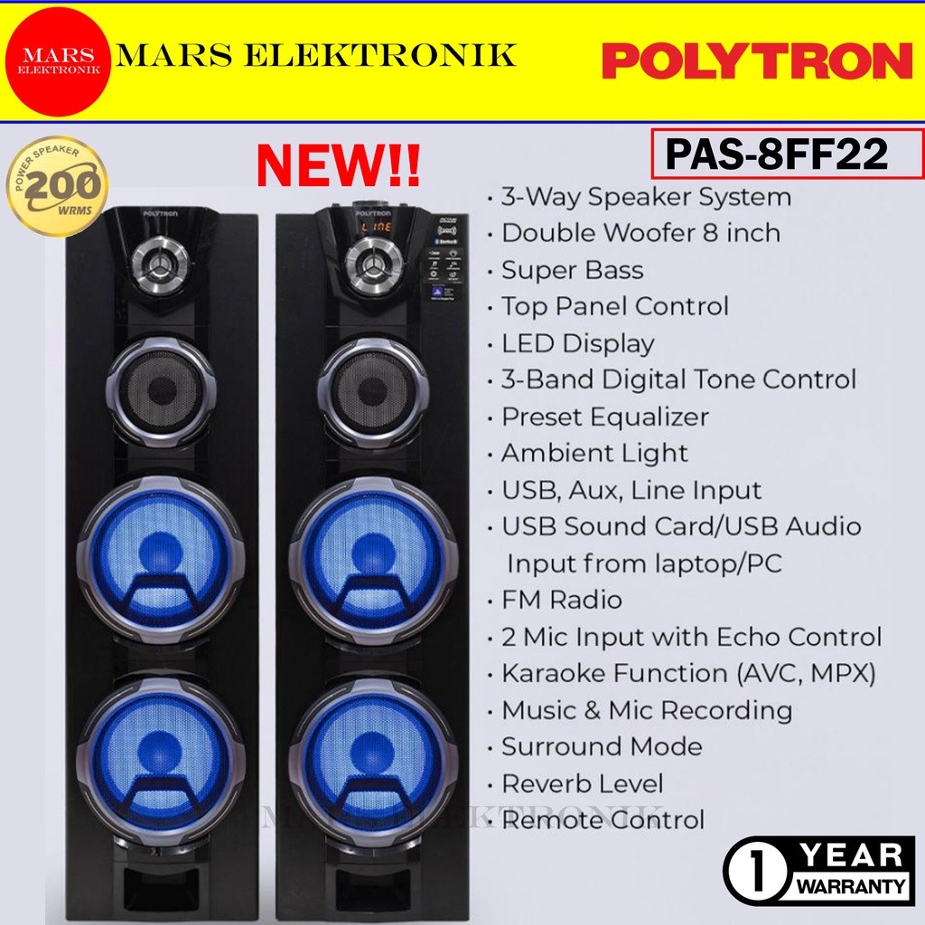 SPEAKER ACTIVE POLYTRON PAS-8F22 / PAS-8FF22 - TOP PANEL CONTROL - SUPER BASS