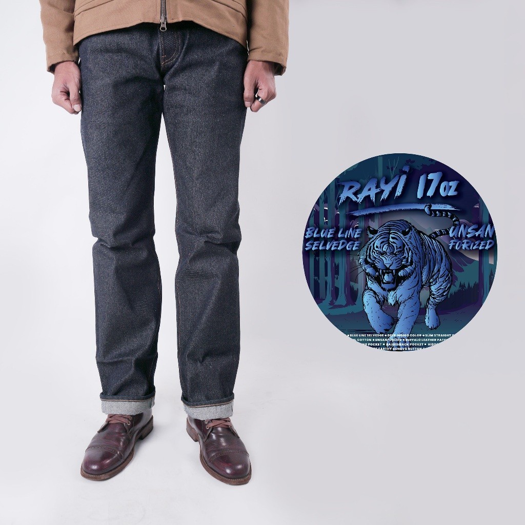 EARTHY GENOVA - Denim Selvedge RAYI 17 Oz Unsanforized Celana Raw Jeans Pria Deep Indigo Blue Line S