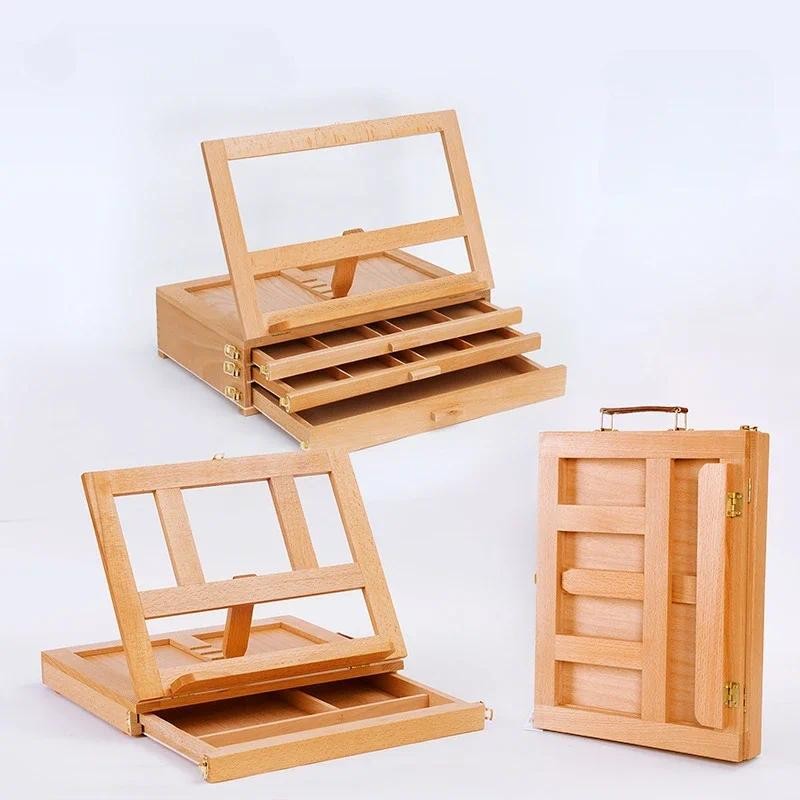 

Desktop Beech Easels Drawer Style Oil Painting Stand Wooden Portable Handheld Box Sketching Cases Three Layer Drawer Hollow Out