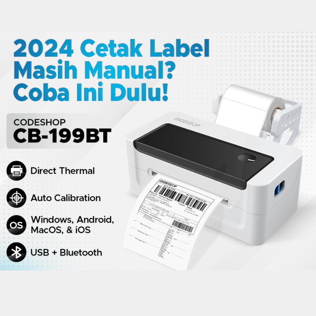 

Codeshop CB199 BT Printer Barcode Bluetooth Direct Thermal Cetak Label Stiker USB