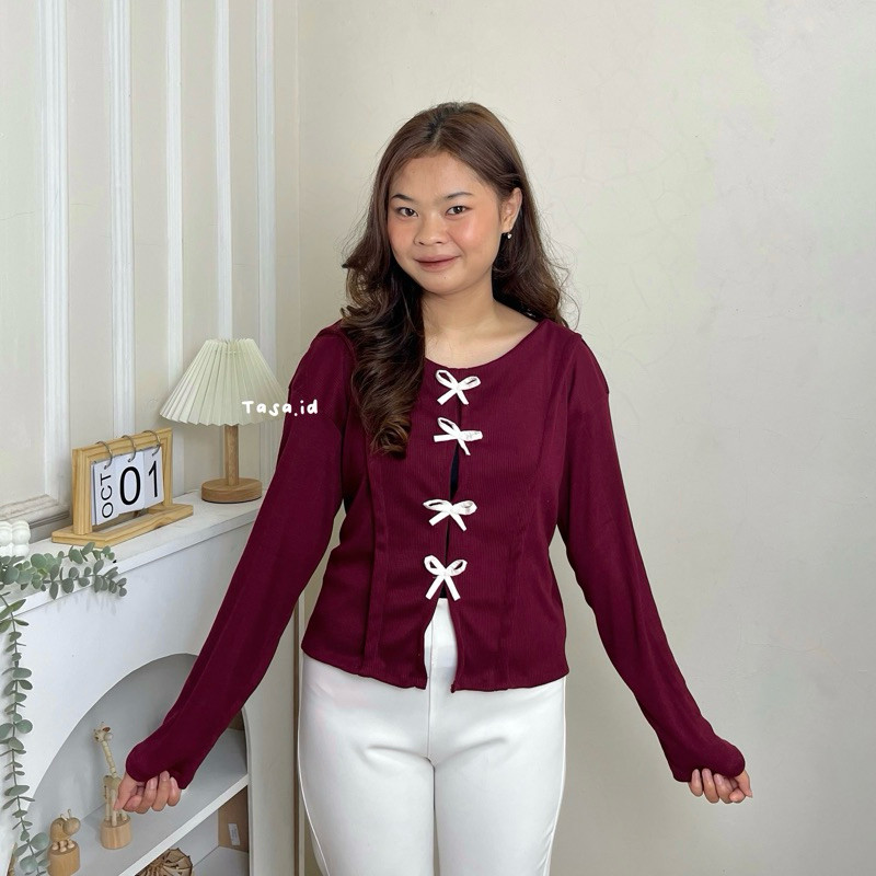 DHOLISHOP.ID Tasa.id - Lilian Blouse Knitt Coquette - Blouse Ribbon - Baju Tali - Atasan Korea