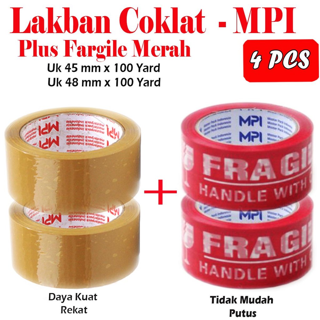 

2 Pcs Lakban Coklat Uk 45 x 100 + 2 Pcs Lakban Fragile Merah Uk 48 x 100 Yard - MPI