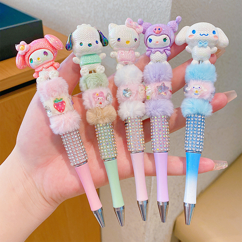 

Kawaii Cartoon Plush Crystal Hello Kitty Gel Pen Cute Kuromi Melody Cinnamoroll Bead Pen Stationery Children Girls Holiday Gifts