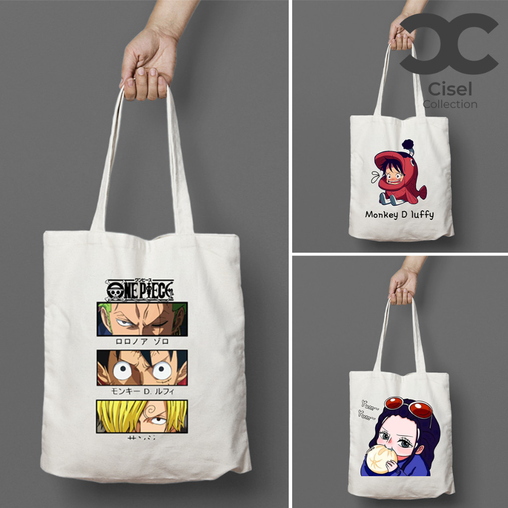 Tote Bag Tas Kanvas Resleting TEBAL One Piece Anime Kartun Jepang Lucu Imut Aesthetic Ukuran 35x40 C