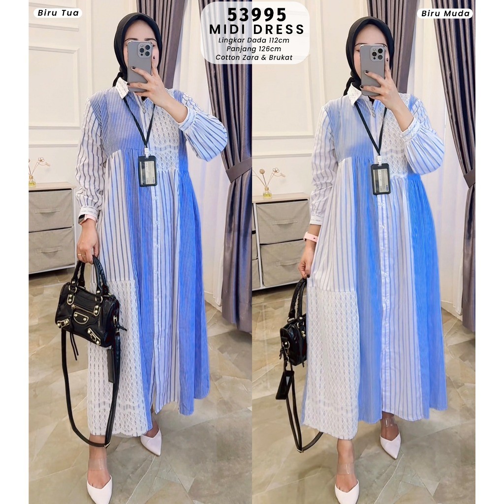 EXTU HERITAGE - Maudy Midi Dress Salur Kombinasi Brukat, Fashion Wanita Elegan dan Trendi - 63991,57