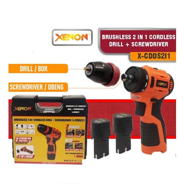 Bor XENON CDDS2I1 2 in 1 + Obeng Baterai 2 Fungsi BrushlessCordless Drill + Screwdriver
