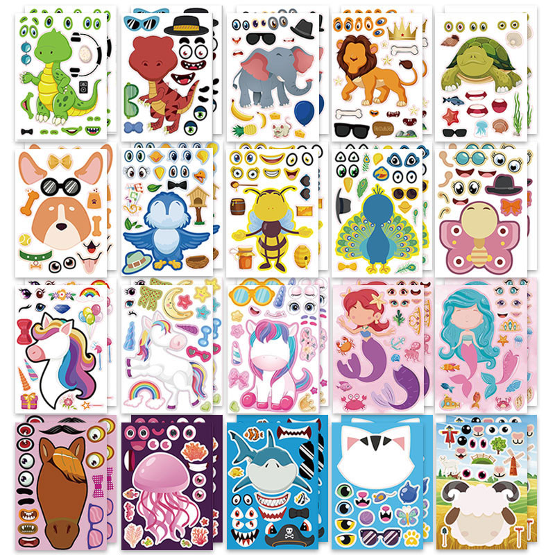 

12/24 Sheets Make a Face Stickers Zoo Animals Sea Dinosaur Gift of Festival Reward Art Craft Party Favors School Puzzle DIY Game