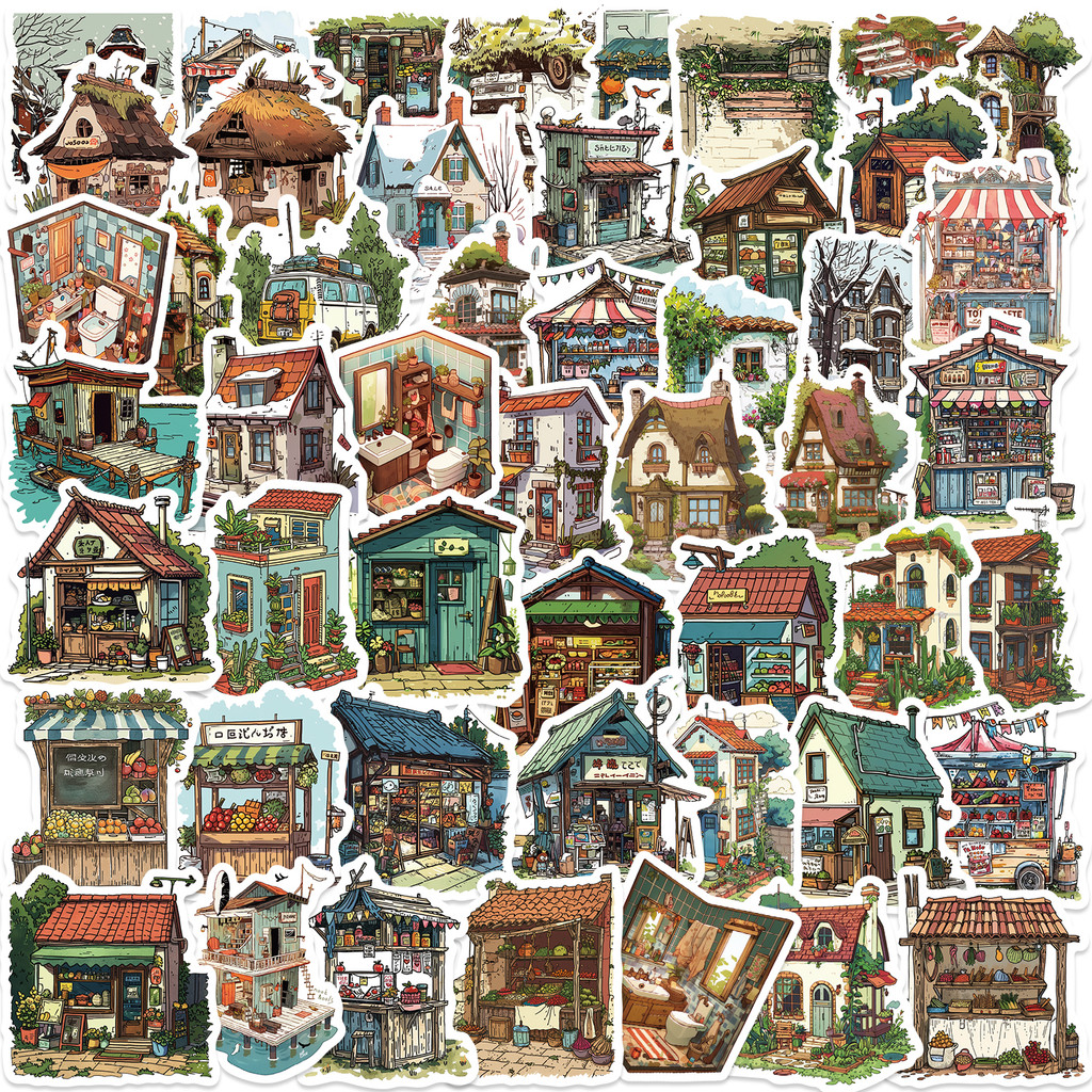 

50pcs Vintage Retro Small House Stickers For Scrapbook Phone Laptop Guitar Stationery DIY Waterproof Sticker Decals Kids Toy