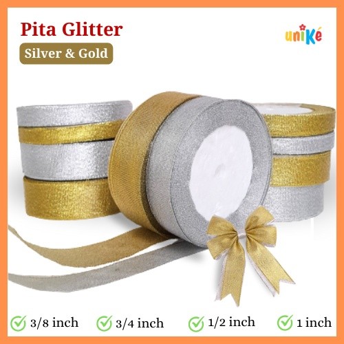 

Pita Glitter Metalik Silver dan Gold 3/8" 3/4" 1/2" 1" Emas Perak Kilap Hiasan Hampers Kado Natal