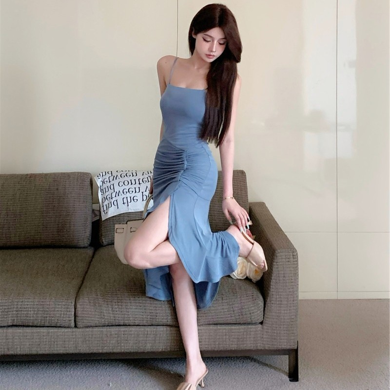 Meirong baju dress biru muda panjang korean style wanita terbaru 2025 dress sexy pantai import