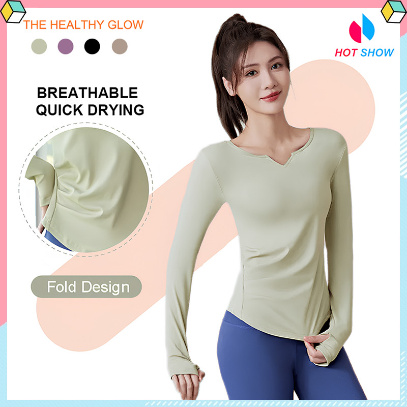 MJ71 Atasan Olahraga Wanita Lengan Panjang V-Leher Baju Kaos Sport Wanita Zumba Yoga T-shirt Polos C