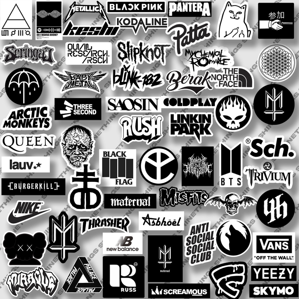 

60pcs Stiker Brand aesthetic Black White untuk helm case hp laptop || Sticker Brand lokal Maternal SCH BMTH SLIPKNOT SMITH STONE ISLAND