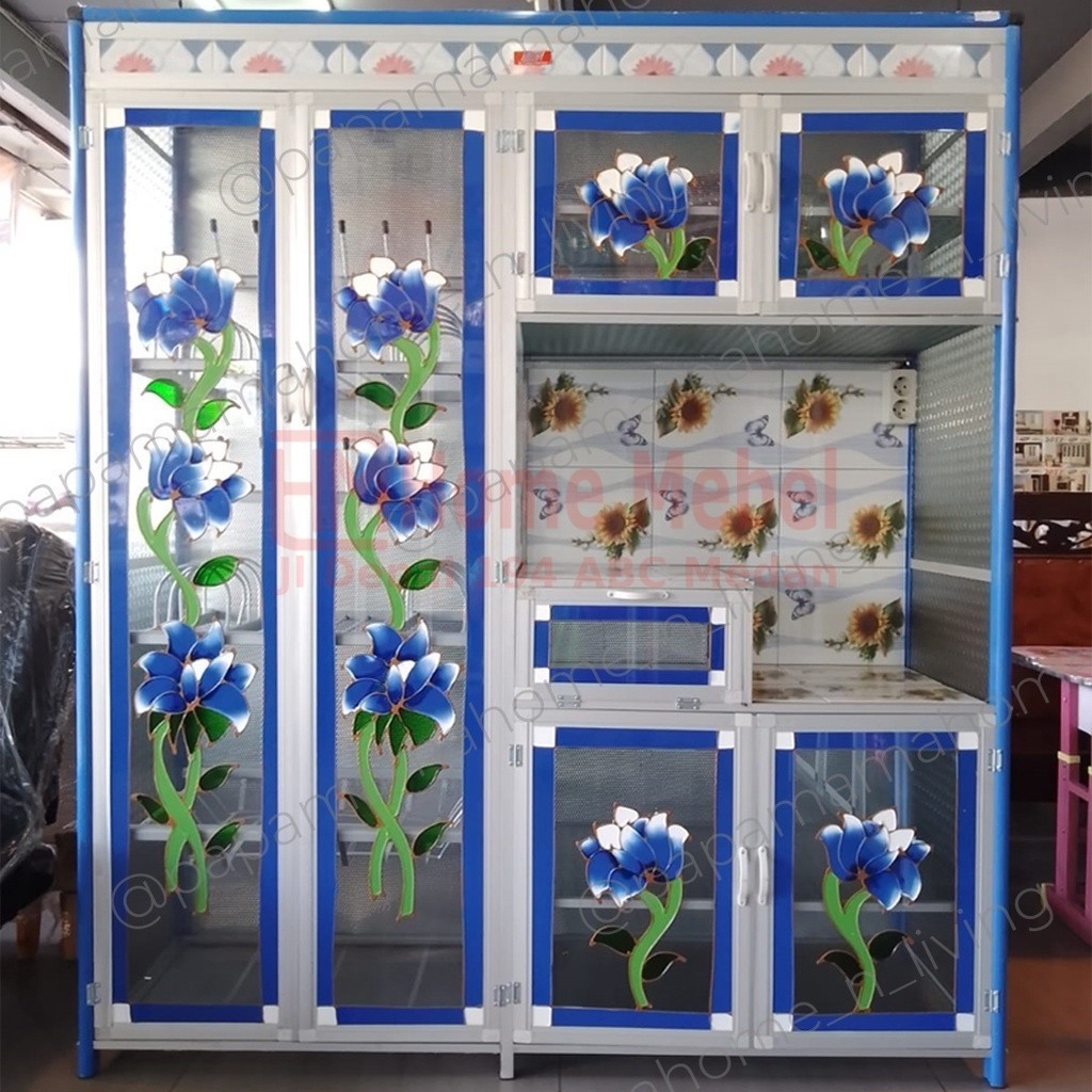 PROMO TERMURAH Rak Piring - Lemari Sayur Aluminium 4 pintu Saklar Listrik - Kaca Corak Tiang Kokoh -