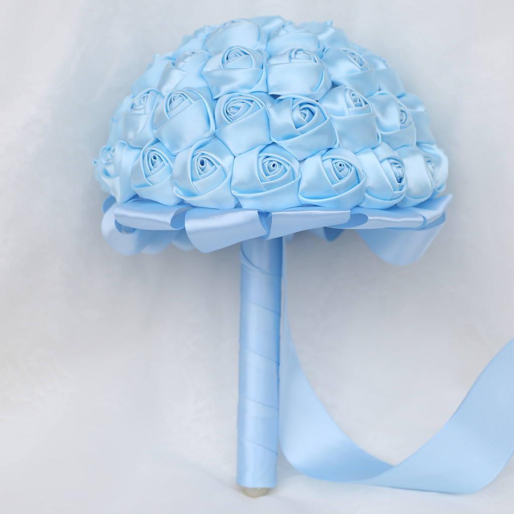 

Burgundy Light Blue Bridal Ribbon Flower Handmade Wedding Bouquet Factory Direct Bridesmaid Ribbon Hand Bouquet Customized