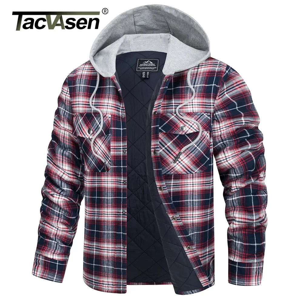TACVASEN Cotton Flannel Shirt Jacket with Hood Mens Long Sleeve Quilted Lined Plaid Coat Button Down