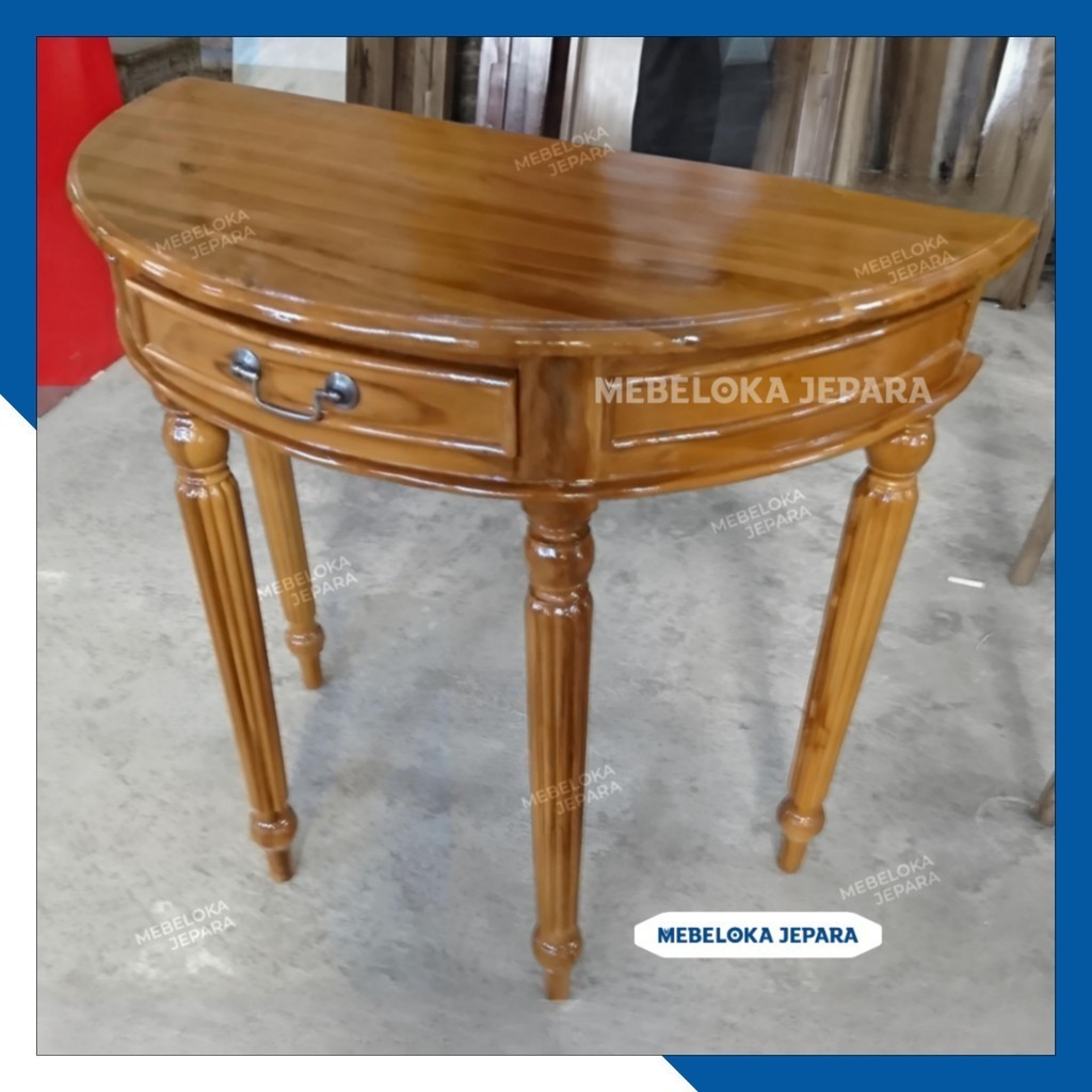 Meja konsul setengah lingkaran kayu jati. Meja setengah lingkaran konsol jati