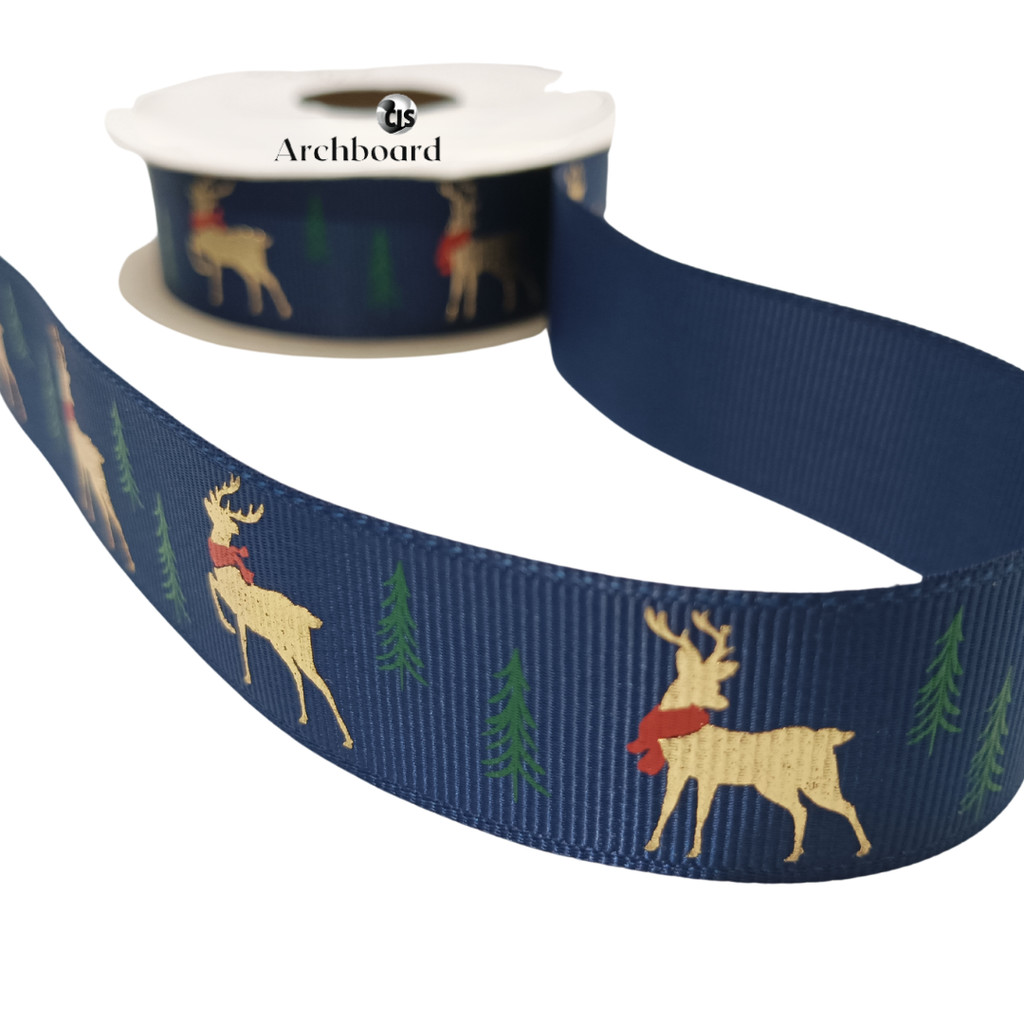 

Pita Kardo Motif Natal Rusa / Christmas Ribbon Deer 2,5 cm Warna Navy Blue (1 Gulung)