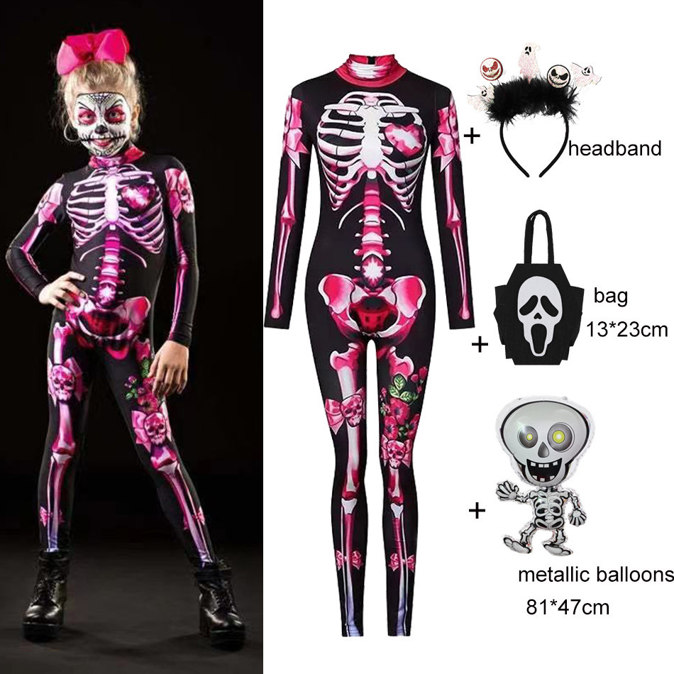 Kids Halloween Scary Skeleton Cosplay Rose Sexy Devil Vampire Jumpsuit Party Carnival Scary Costume 