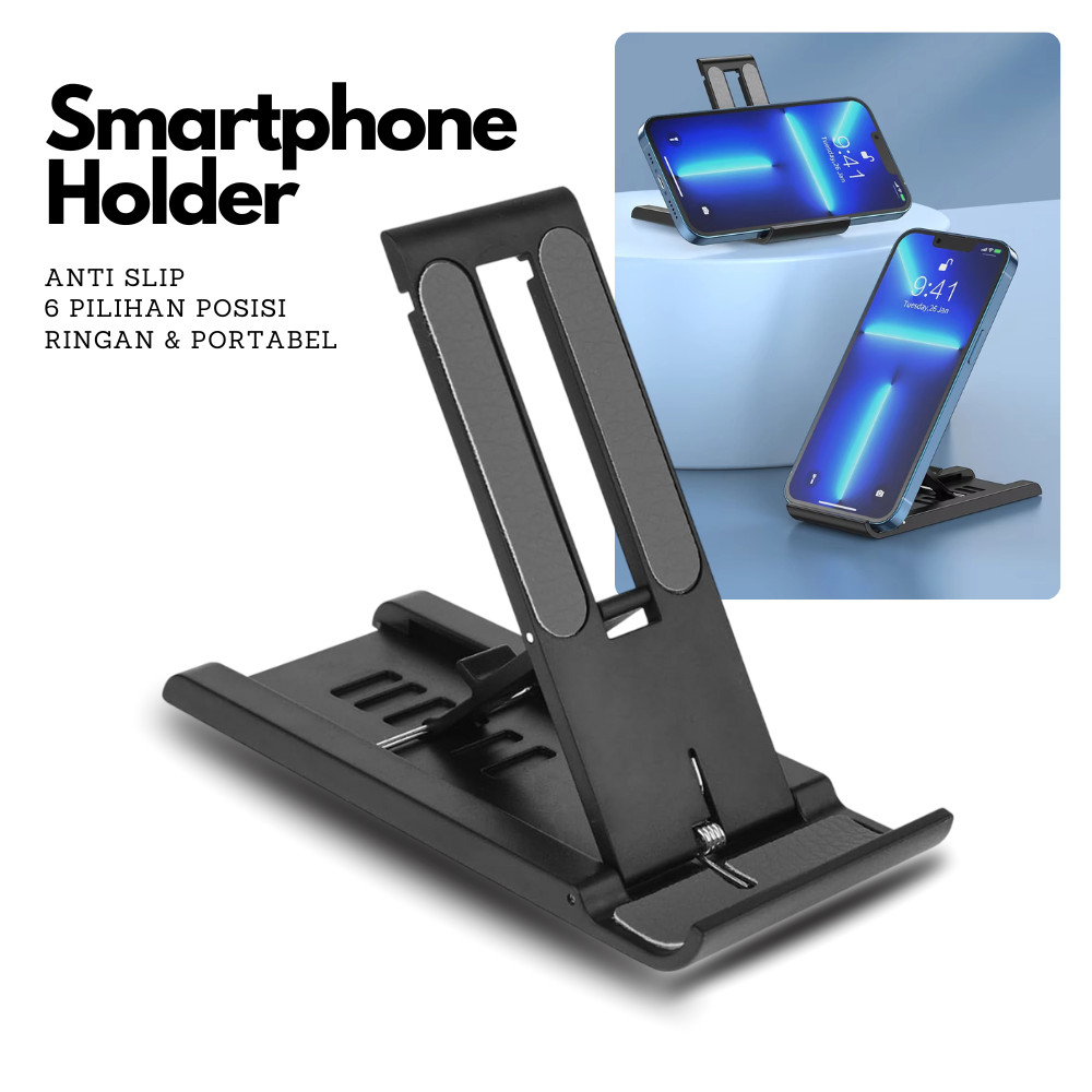 BATHI Dudukan HP 6 Pilihan Posisi Anti Slip Ringan Portable ABS Hitam Elegan Smartphone 12 inch