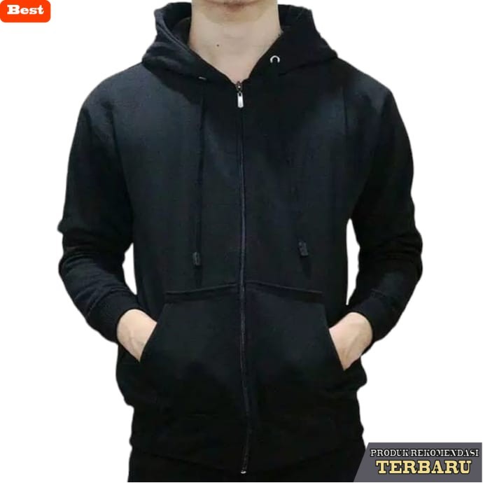 hoodie pria keren Jaket Hoodie Zipper Polos untuk Pria dan Wanita - Hitam, M