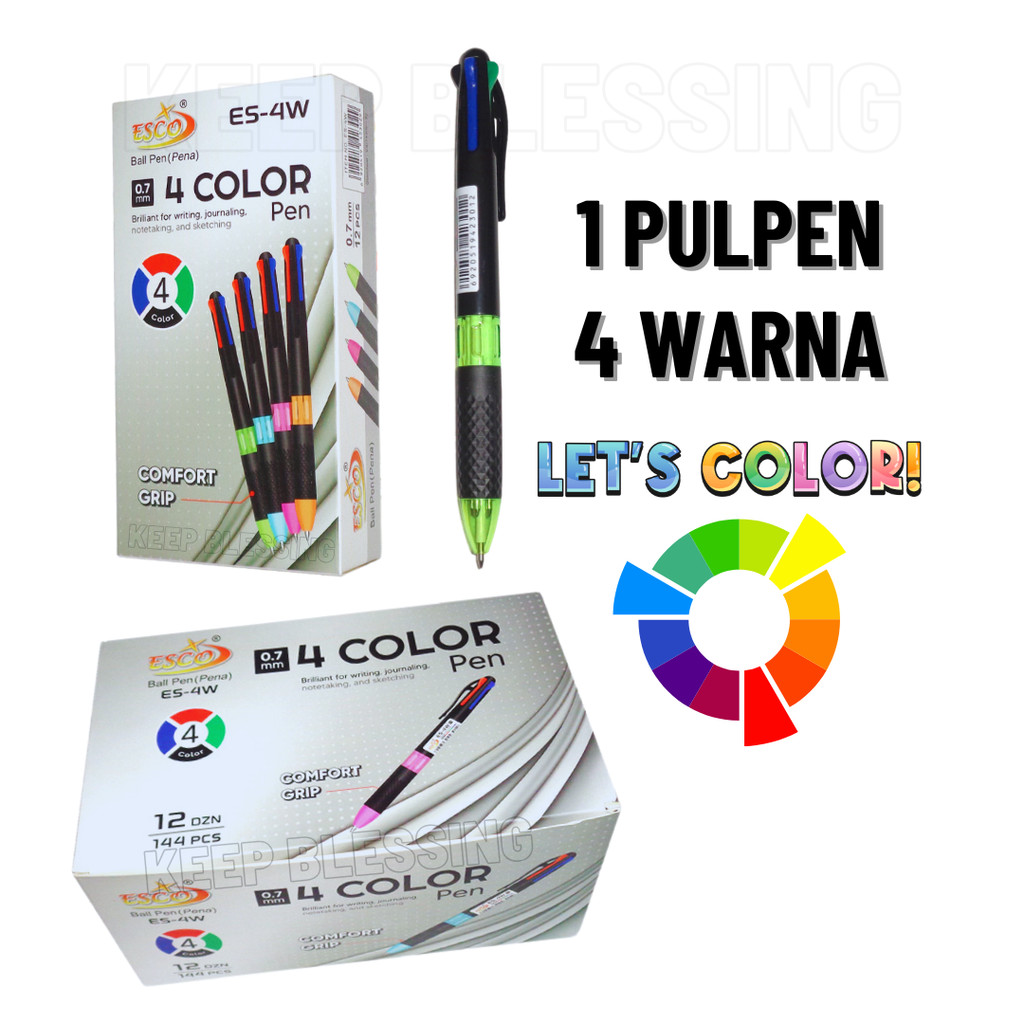 

ESCO ES-4W - 12 Pcs/Box - Pulpen 4 Warna 0.7mm - Grip Nyaman, Tinta Halus - Duta Gemilang