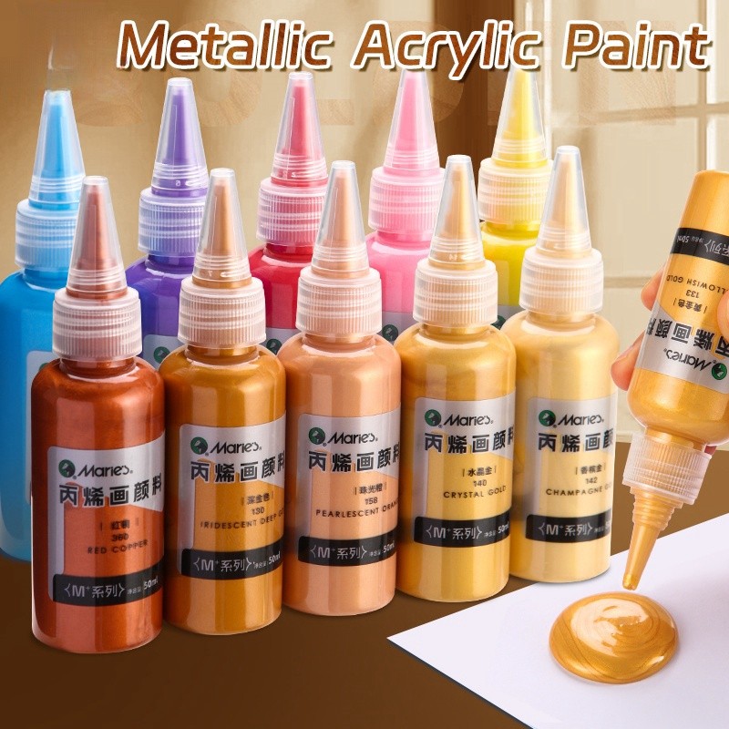 50ml Marie's Metallic Acrylic Paint, Pearlescent Rich Shiny Pigments with  Bottle, Golden Slivery fo