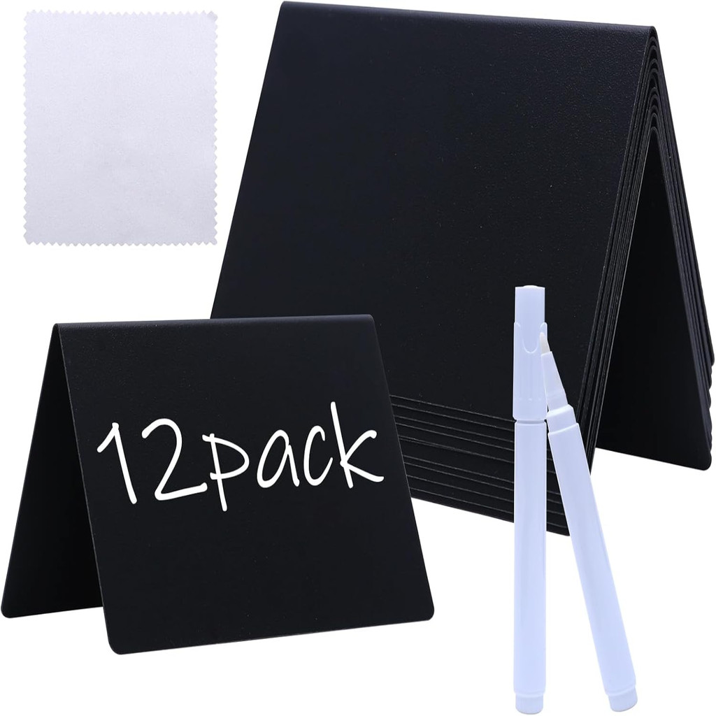 

12 Pack Chalkboard Signs (4"x3") with Liquid Chalk Marker Perfect for Parties, Weddings, Buffet Table Signs and Bakery Labels.