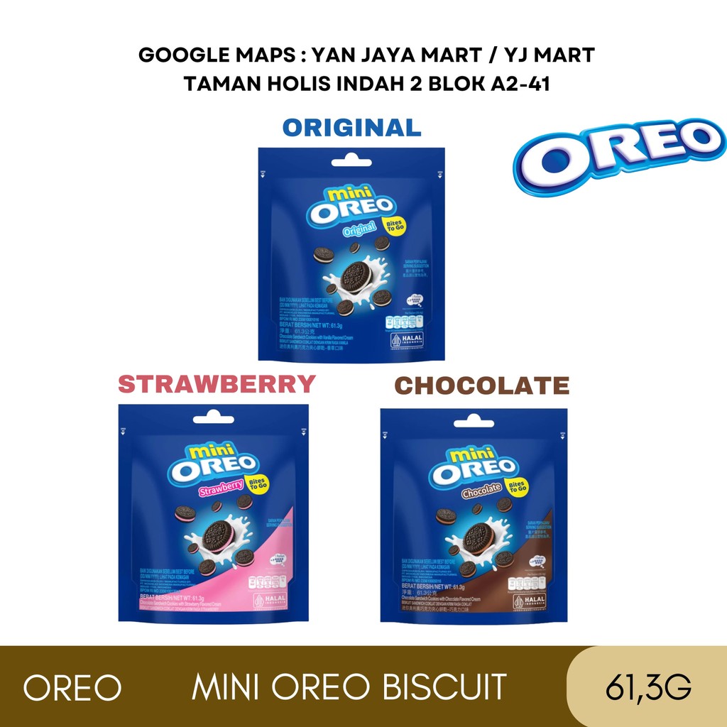 

Oreo Mini / Mini Oreo / Biscuit Coklat / Snack / Cemilan Rasa Vanila / Chocolate / Strawberry Kemasan Pouch 61,3 g