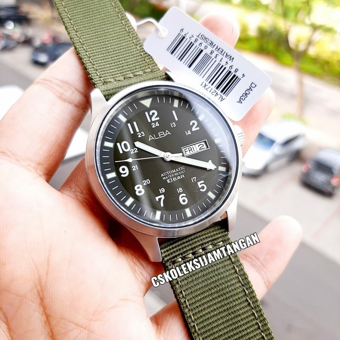 "V.NLN" - READY STOCK JAM TANGAN PRIA ALBA AL4217X1 AL4217 AUTOMATIC GREEN KANVAS ORIGINAL