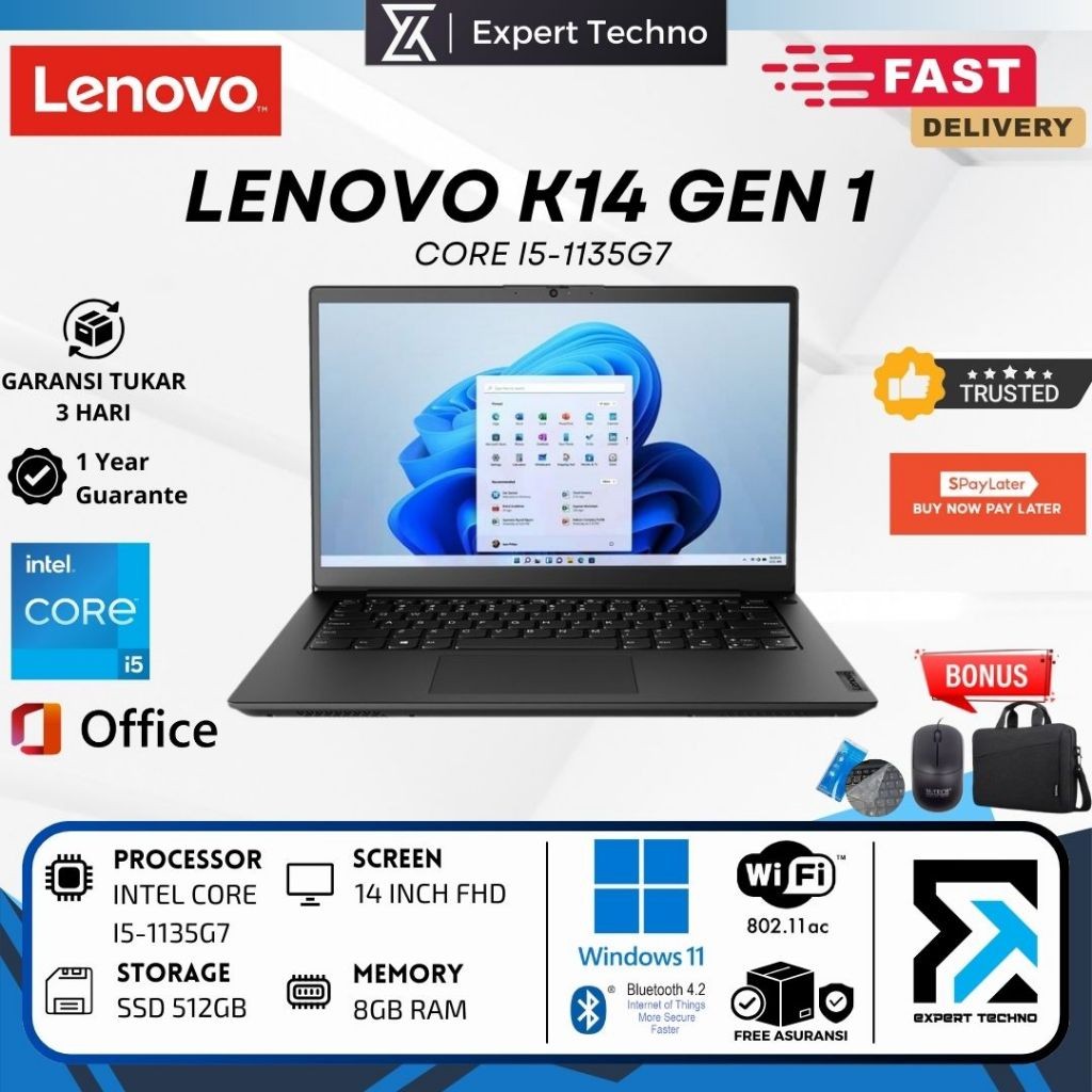 LAPTOP LENOVO K14 GEN 1 CORE I5-1135G7 / 8GB RAM / 512GB SSD / 14" FHD / WIN11 / BLACK - 8GB 256GB S