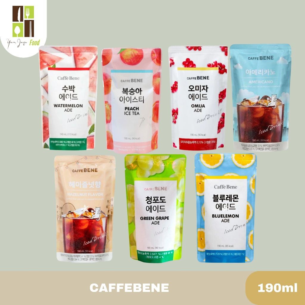 

Caffe Bene Ice Drink Pouch / Watermelon Ade / Peach Ice Tea Ade / Omija Ade / Lemon ade / Americano Coffe Kemasa Pouch 190ml