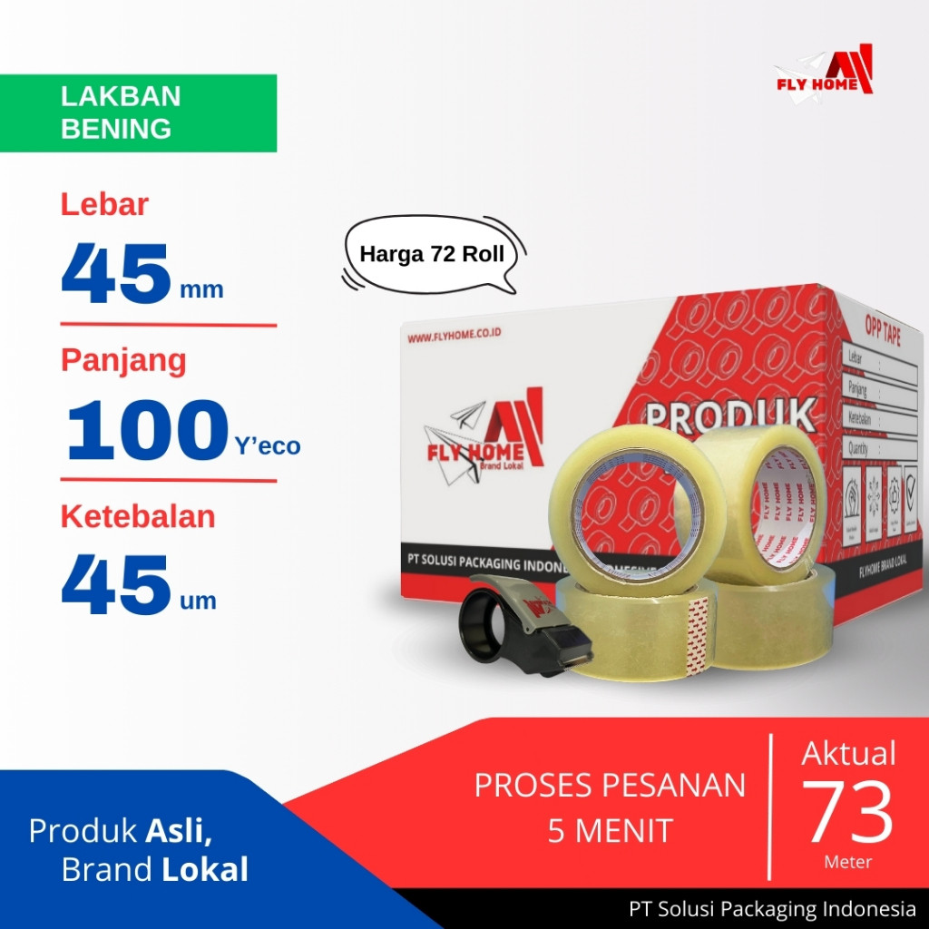 

Flyhome Lakban Bening 100yard 1 Dus 2inci 45mm x 100yard 72 Roll 100 Yard Eco Cargo