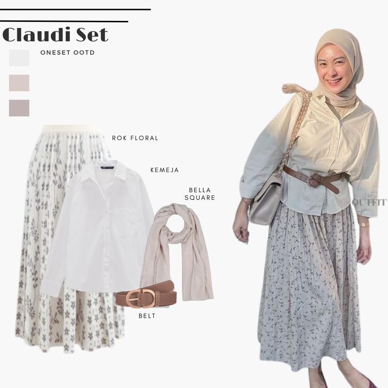 Claudi One Set Outfit Wanita | Atasan Kemeja Katun Basic Putih | Bawahan Rok Floral Panjang | Hijab 